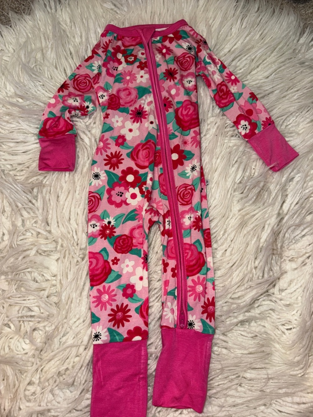 Girls Pink Floral Zip-Up Footed One-Piece